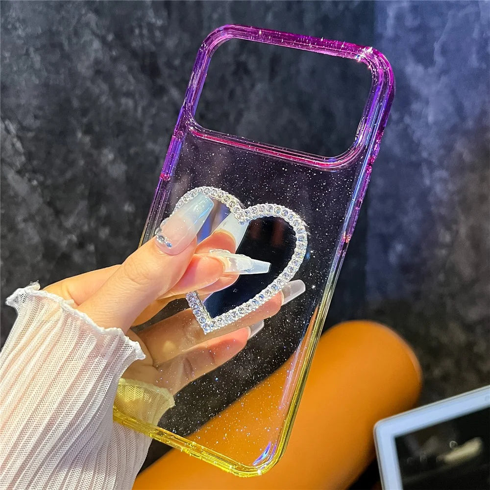 For iPhone 18 Pro Max / 17 Pro Max Case Glitter Dual Color PC + TPU Clear Phone Cover with Heart-Shape Mirror - Pink / Sky Blue - 4