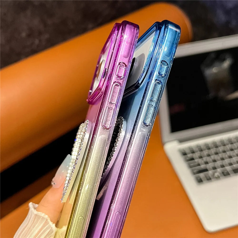 For iPhone 18 Pro Max / 17 Pro Max Case Glitter Dual Color PC + TPU Clear Phone Cover with Heart-Shape Mirror - Pink / Sky Blue - 6