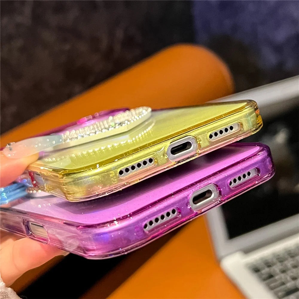 For iPhone 18 Pro Max / 17 Pro Max Case Glitter Dual Color PC + TPU Clear Phone Cover with Heart-Shape Mirror - Pink / Sky Blue - 7
