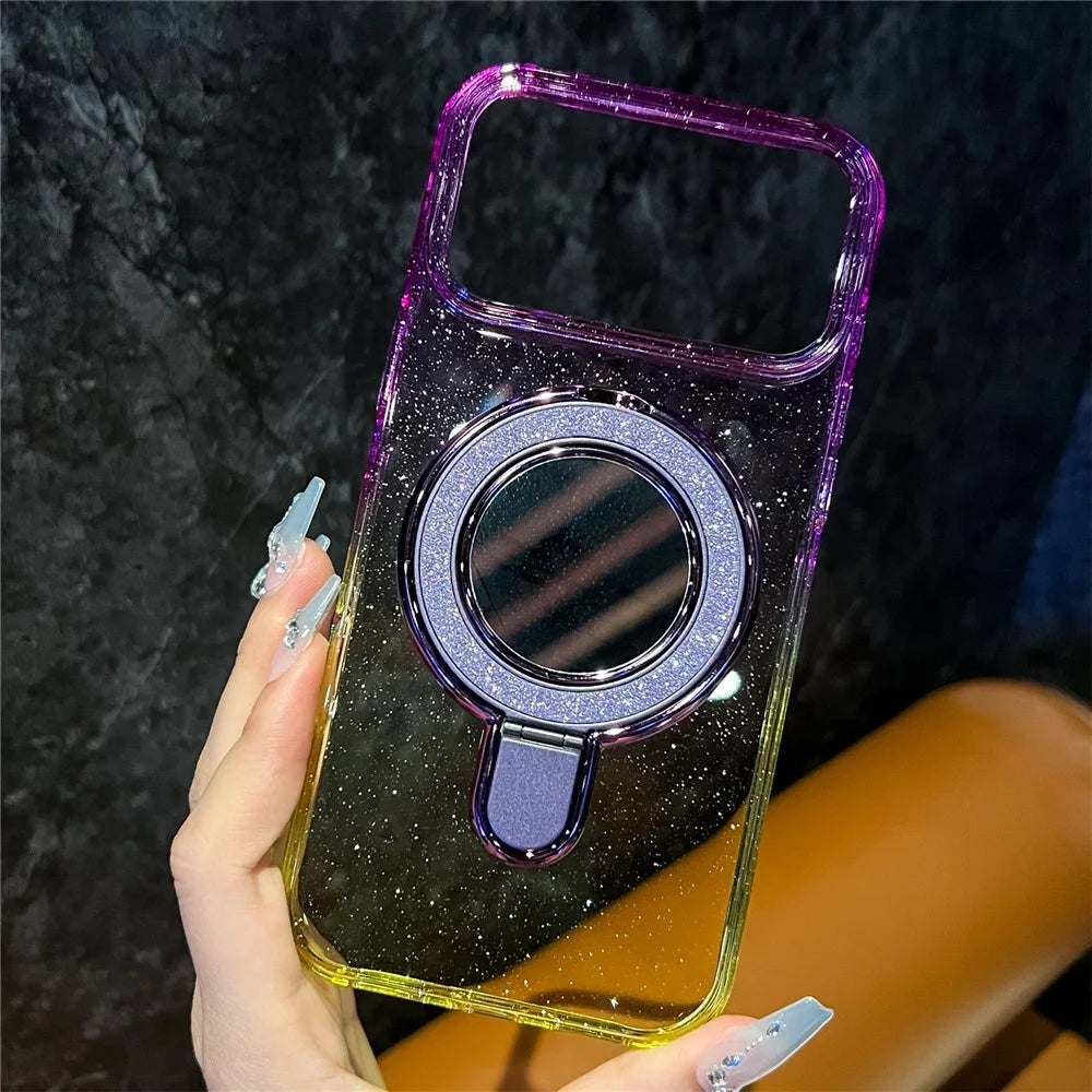For iPhone 18 Pro / 17 Pro Case Glitter PC + TPU Clear Mirror Kickstand Phone Cover with Compatible with MagSafe - Purple / Yellow - 2