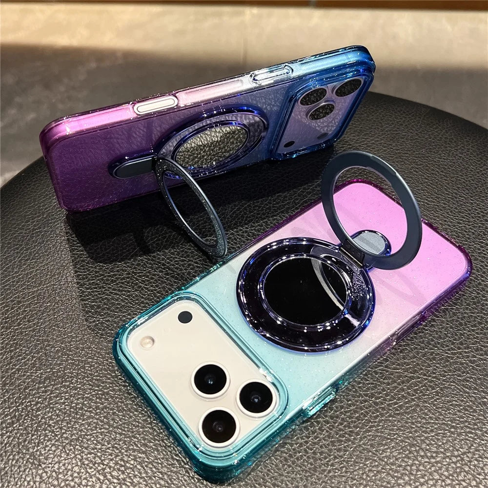 For iPhone 18 Pro / 17 Pro Case Glitter PC + TPU Clear Mirror Kickstand Phone Cover with Compatible with MagSafe - Purple / Yellow - 3
