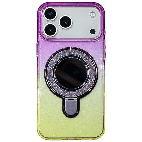 For iPhone 18 Pro Max / 17 Pro Max Case Glitter PC + TPU Clear Mirror Kickstand Phone Cover with Compatible with MagSafe - Purple / Yellow - 1