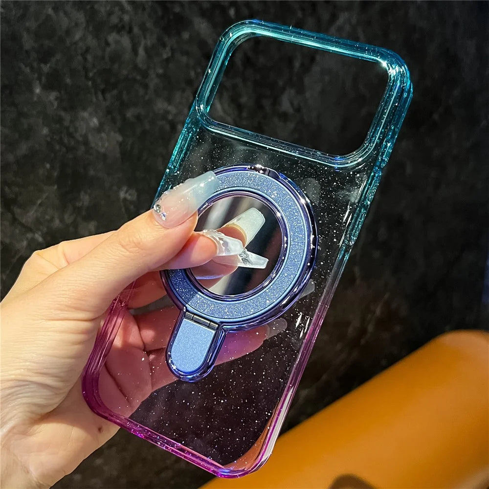 For iPhone 18 Pro Max / 17 Pro Max Case Glitter PC + TPU Clear Mirror Kickstand Phone Cover with Compatible with MagSafe - Purple / Yellow - 5