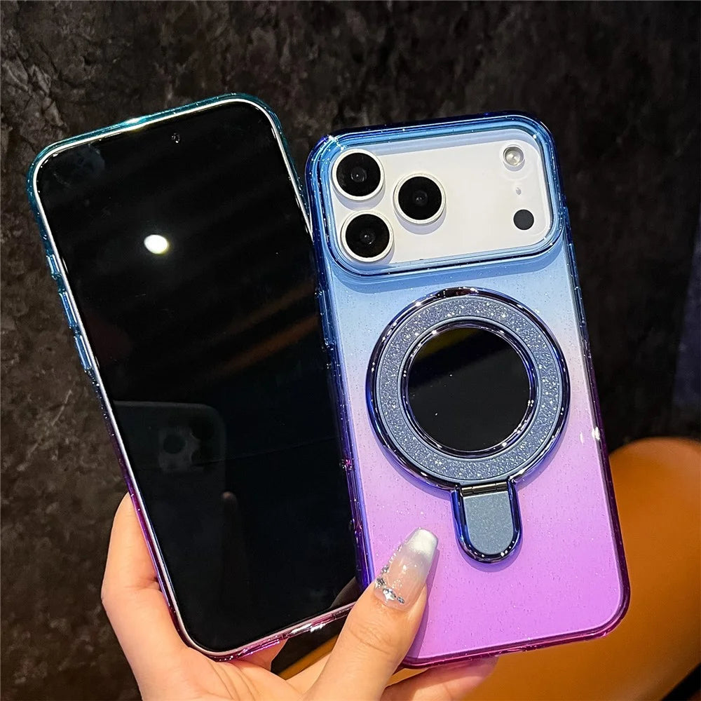 For iPhone 18 Pro Max / 17 Pro Max Case Glitter PC + TPU Clear Mirror Kickstand Phone Cover with Compatible with MagSafe - Purple / Yellow - 6