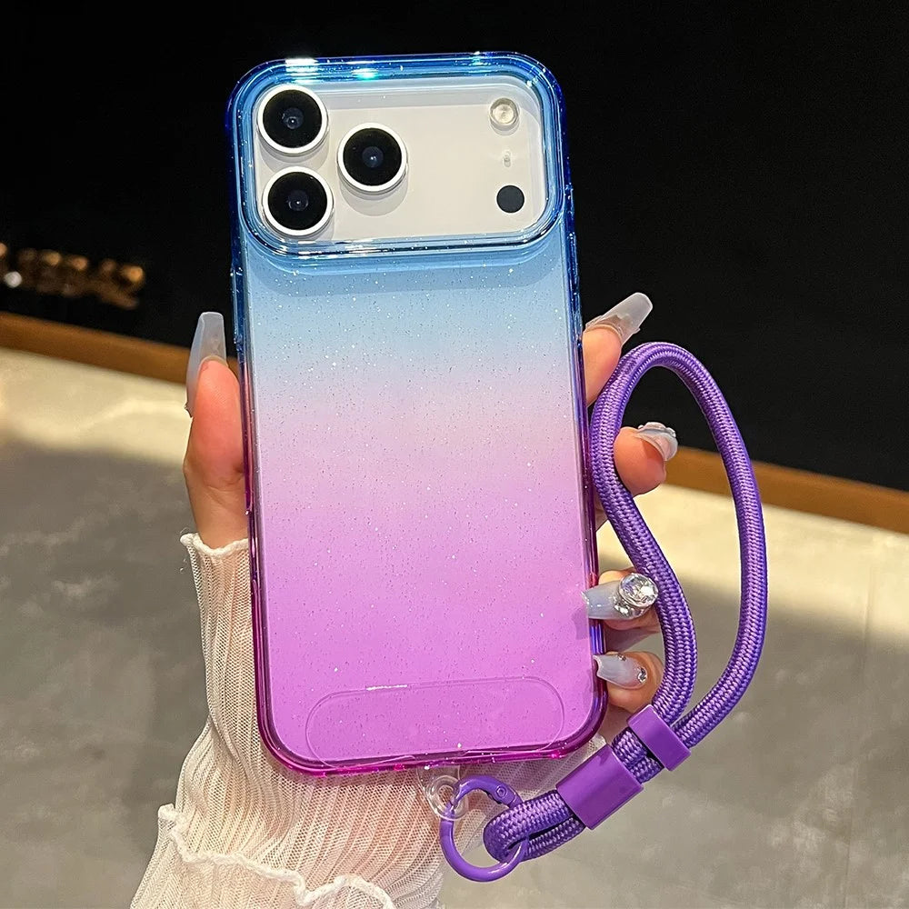 For iPhone 18 Pro / 17 Pro Case Glitter Dual Color PC + TPU Clear Phone Cover with Hand Strap - Blue / Purple - 2