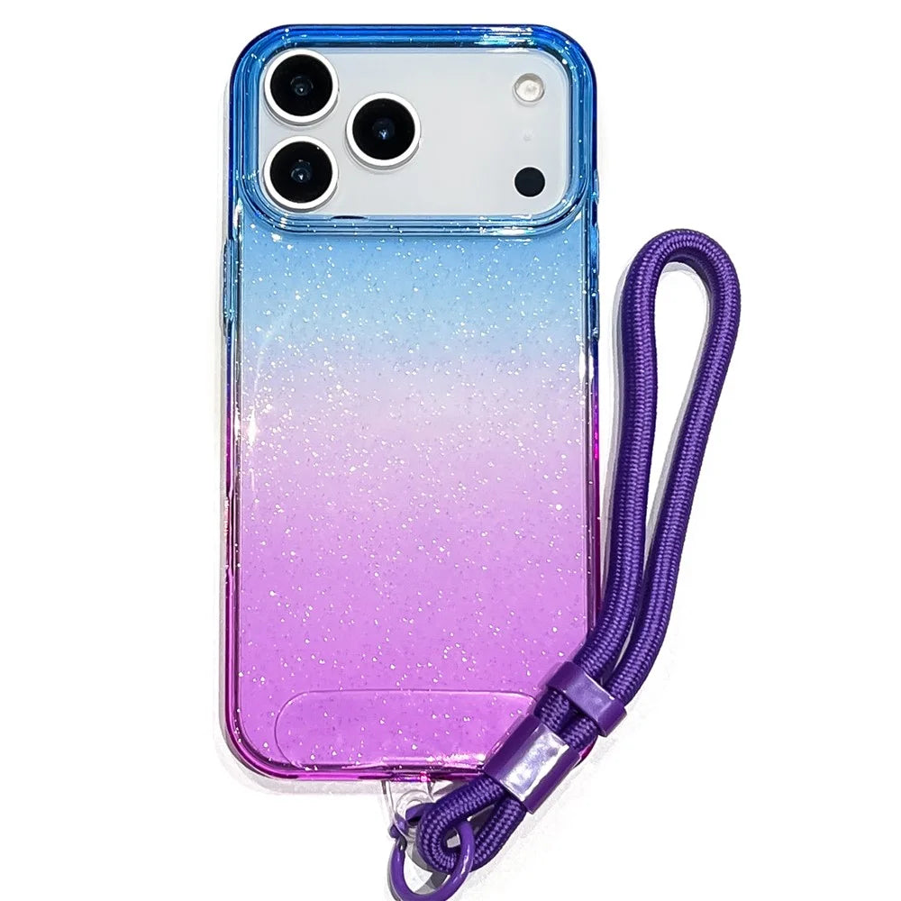 For iPhone 18 Pro Max / 17 Pro Max Case Glitter Dual Color PC + TPU Clear Phone Cover with Hand Strap - Blue / Purple - 1