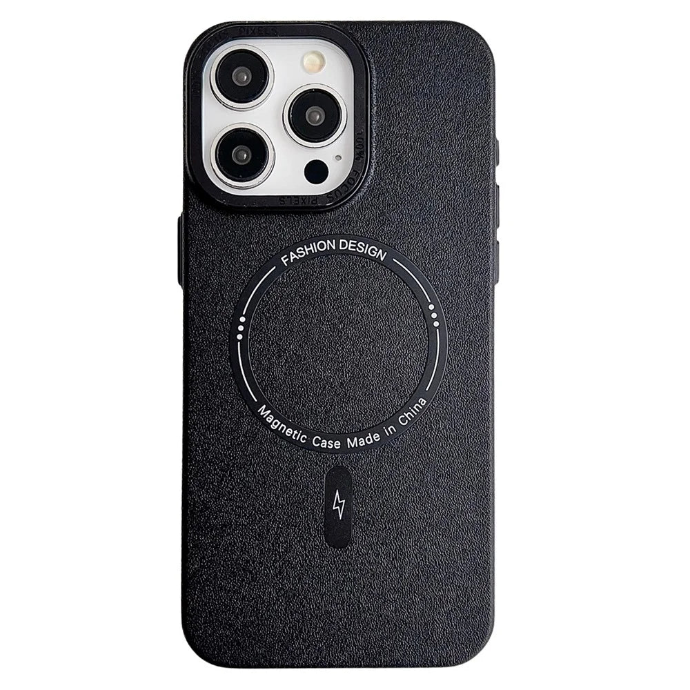 For iPhone 16 Pro Magnetic Case TPU + PC + PU Phone Cover with Metal Lens Frame - Black - 1