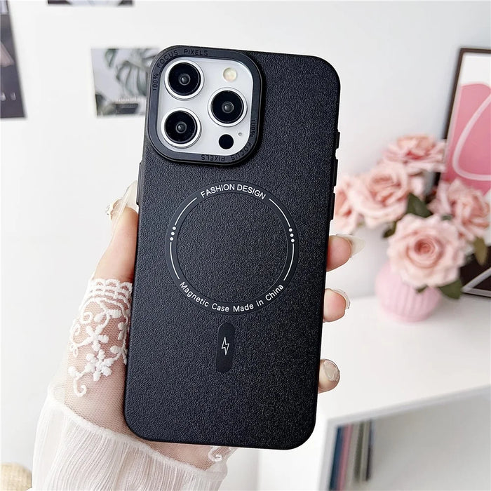 For iPhone 16 Pro Magnetic Case TPU + PC + PU Phone Cover with Metal Lens Frame - Black - 2