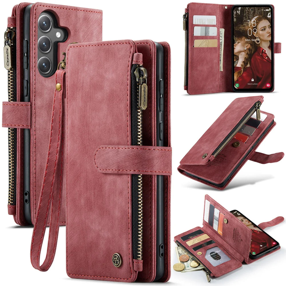 CASEME For Samsung Galaxy S25 FE Phone Cases with Strap  C30 Zipper Multiple Card Holder PU Leather Cover - Red - 1