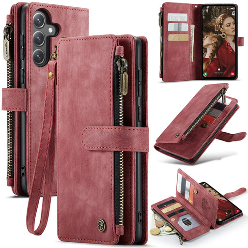 CASEME For Samsung Galaxy S25 FE Phone Cases with Strap  C30 Zipper Multiple Card Holder PU Leather Cover - Red - 1
