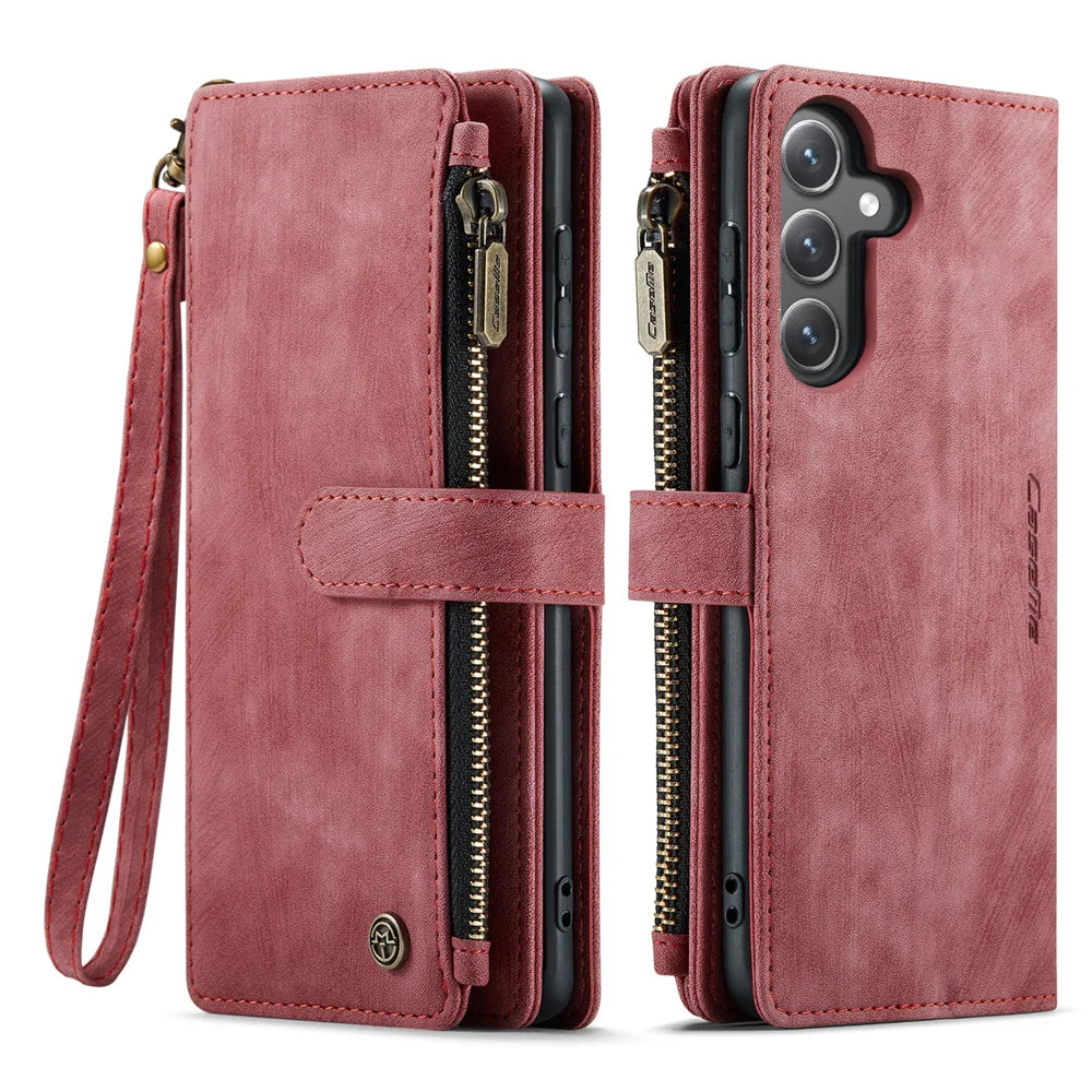 CASEME For Samsung Galaxy S25 FE Phone Cases with Strap  C30 Zipper Multiple Card Holder PU Leather Cover - Red - 2