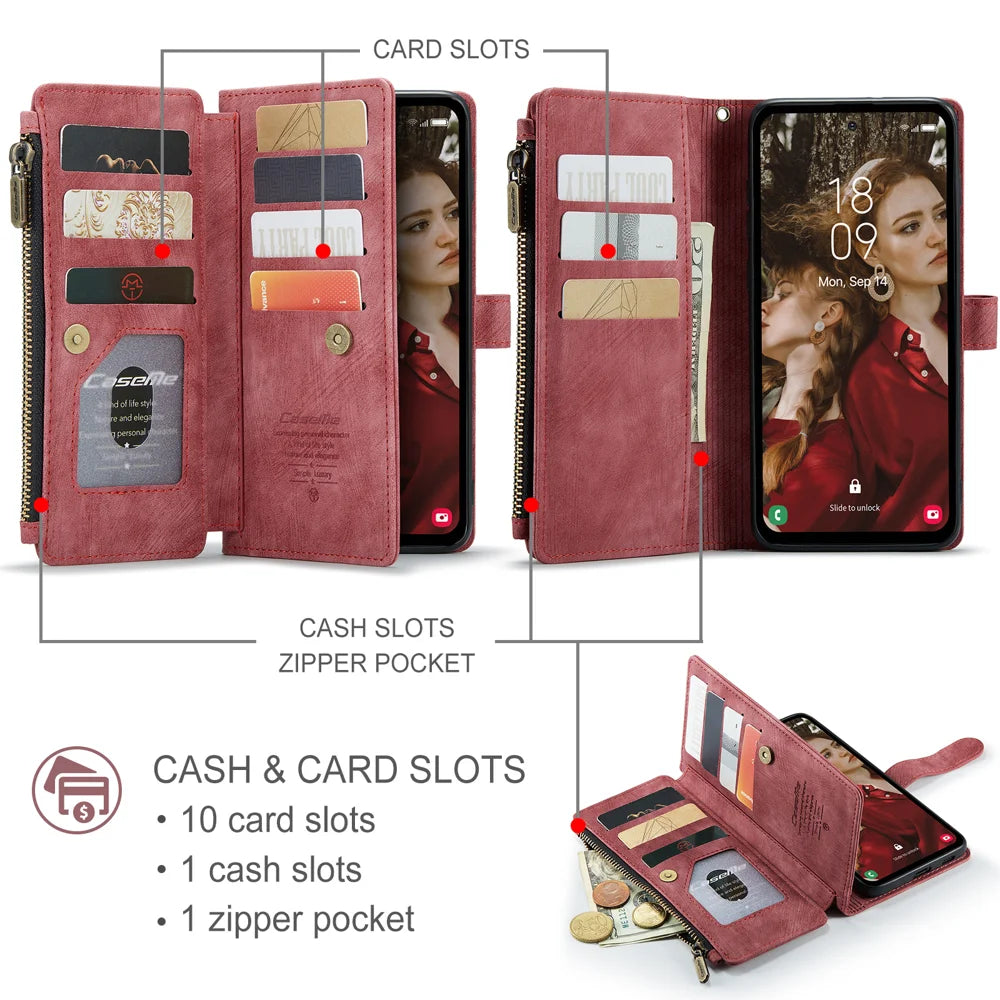 CASEME For Samsung Galaxy S25 FE Phone Cases with Strap  C30 Zipper Multiple Card Holder PU Leather Cover - Red - 3