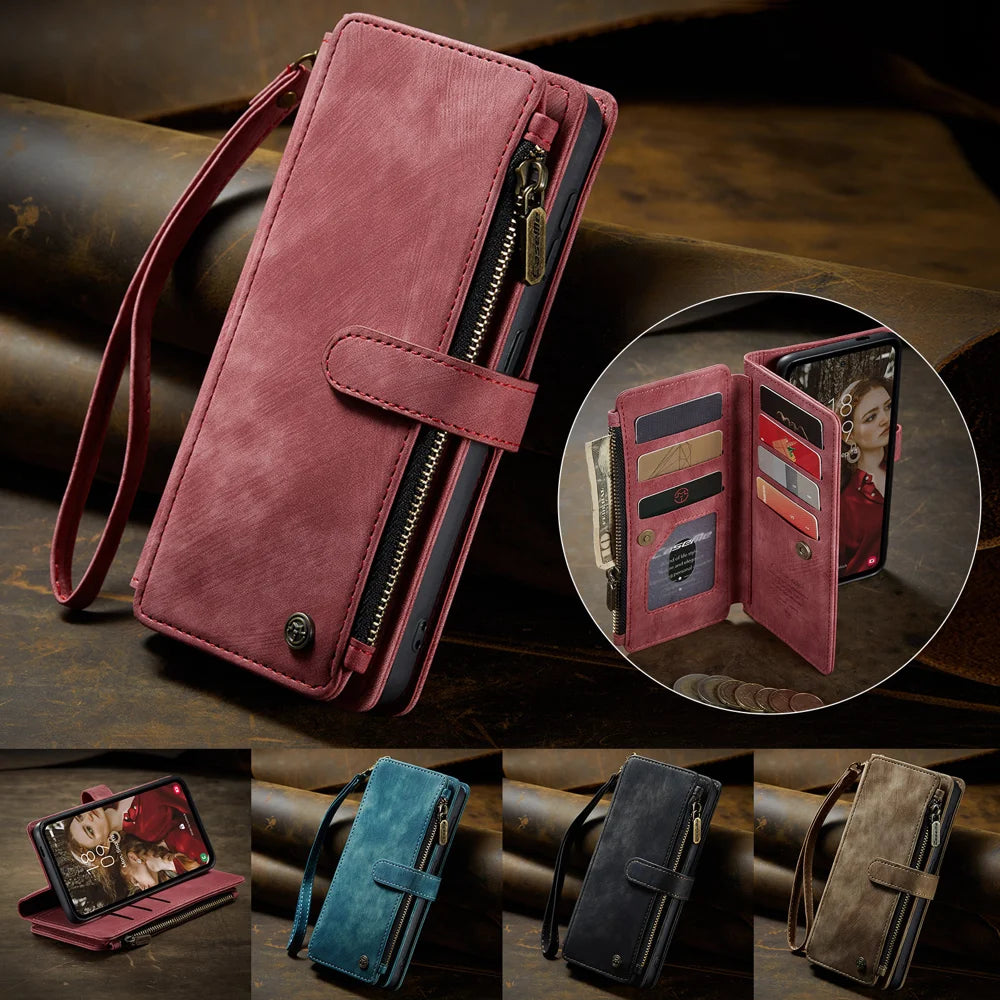 CASEME For Samsung Galaxy S25 FE Phone Cases with Strap  C30 Zipper Multiple Card Holder PU Leather Cover - Red - 4