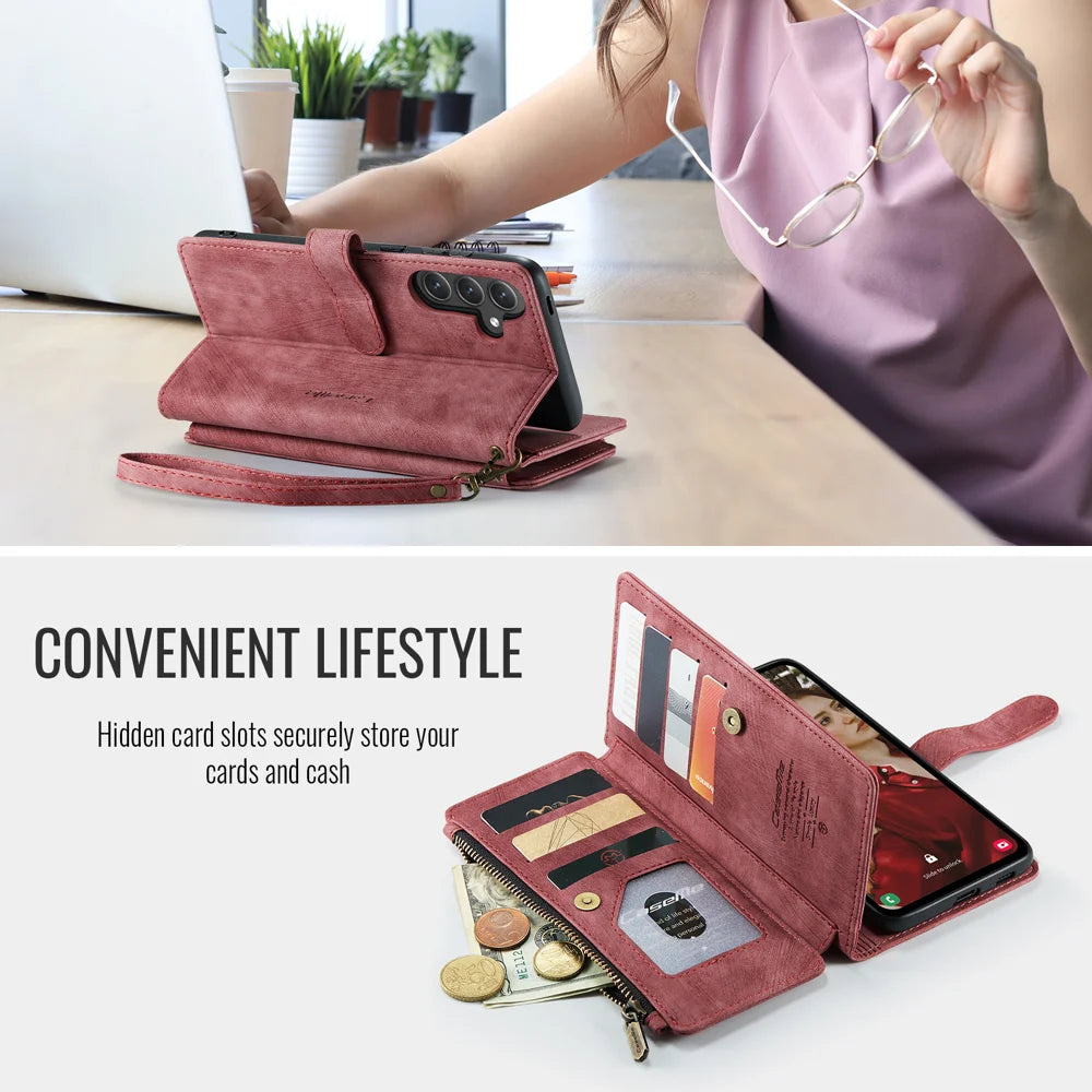 CASEME For Samsung Galaxy S25 FE Phone Cases with Strap  C30 Zipper Multiple Card Holder PU Leather Cover - Red - 5