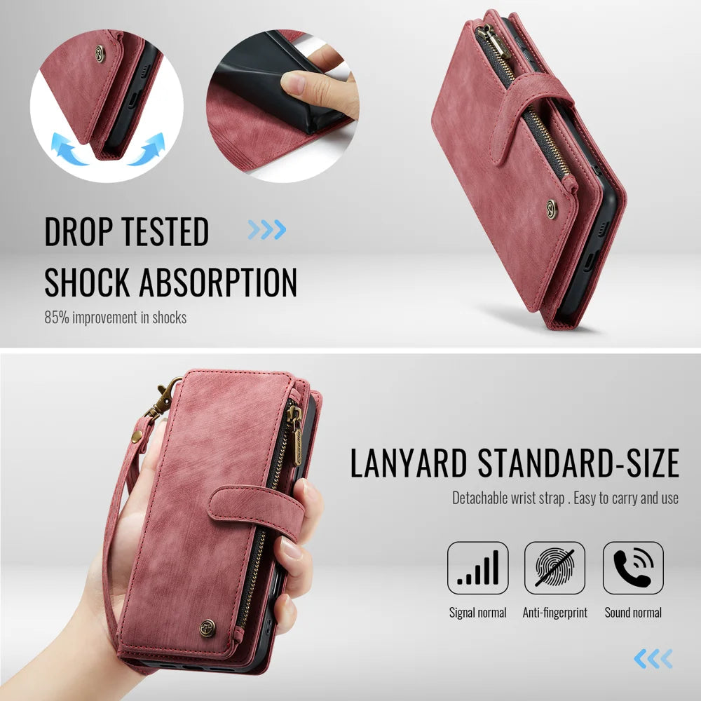CASEME For Samsung Galaxy S25 FE Phone Cases with Strap  C30 Zipper Multiple Card Holder PU Leather Cover - Red - 6