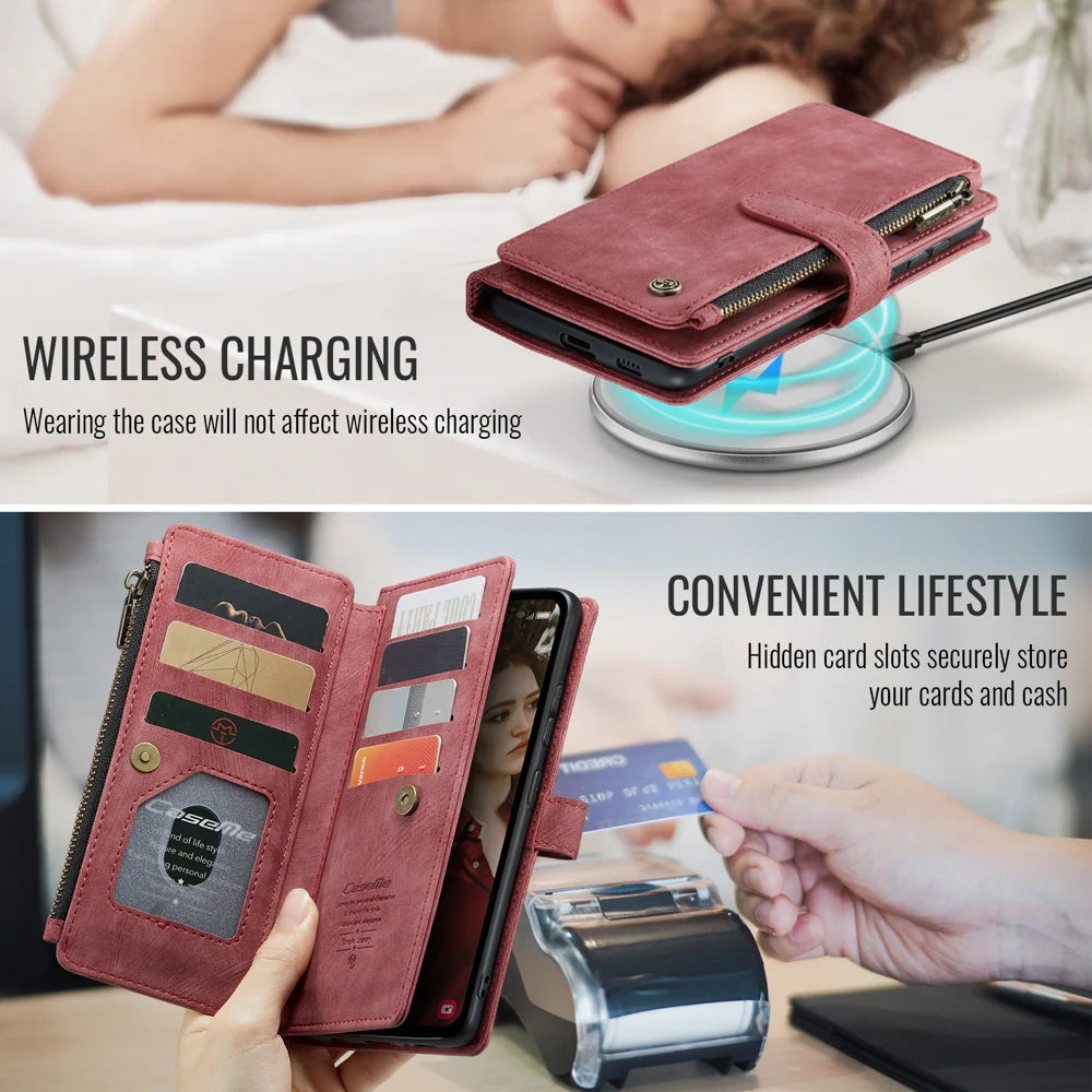 CASEME For Samsung Galaxy S25 FE Phone Cases with Strap  C30 Zipper Multiple Card Holder PU Leather Cover - Red - 7