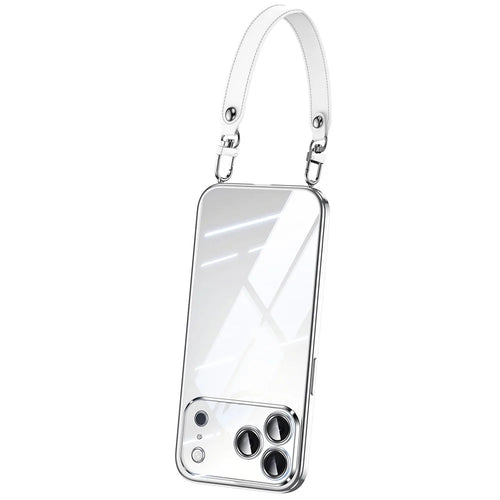 SULADA For iPhone 17 Pro Case Electroplating Ultra Clear Soft TPU Phone Cover with PU Wrist Strap - Silver - 1