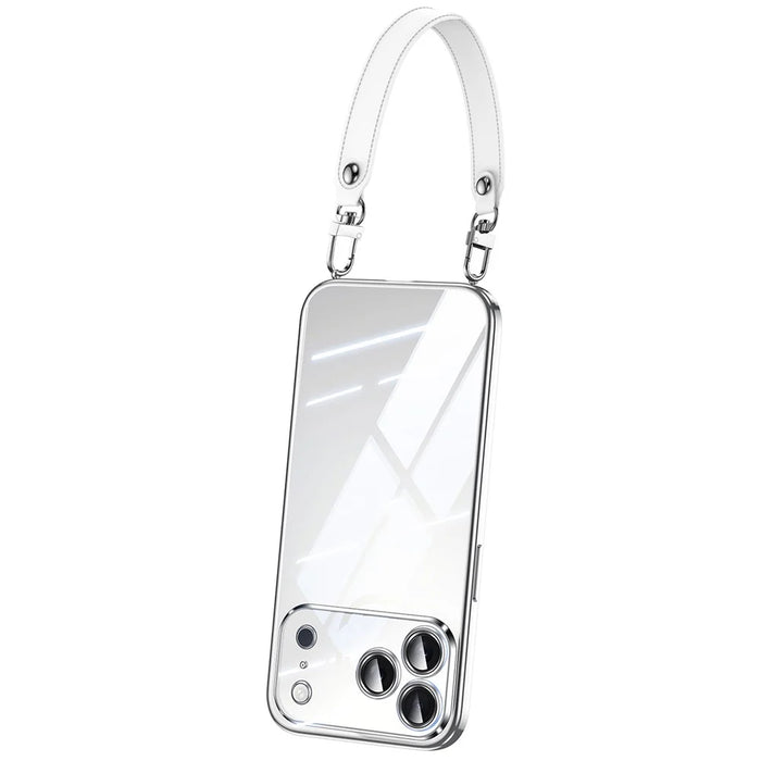 SULADA For iPhone 17 Pro Case Electroplating Ultra Clear Soft TPU Phone Cover with PU Wrist Strap - Silver - 1