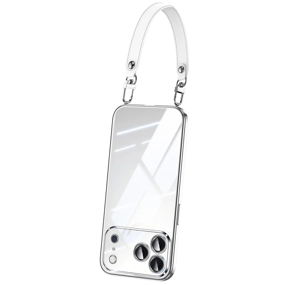 SULADA For iPhone 17 Pro Max Case Electroplating Ultra Clear Soft TPU Phone Cover with PU Wrist Strap - Silver - 1