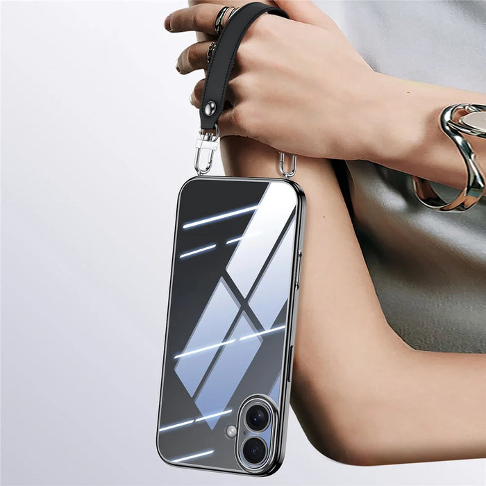 SULADA For iPhone 17 Case Electroplating Ultra Clear Soft TPU Phone Cover with PU Wrist Strap - Black - 1