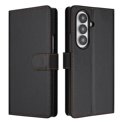 For Samsung Galaxy Z Fold7 5G Leather Case Wallet Stand Phone Cover with Wrist Strap - Black - 1