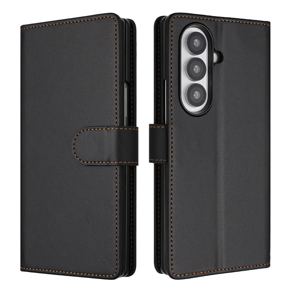 For Samsung Galaxy Z Fold7 5G Leather Case Wallet Stand Phone Cover with Wrist Strap - Black - 1