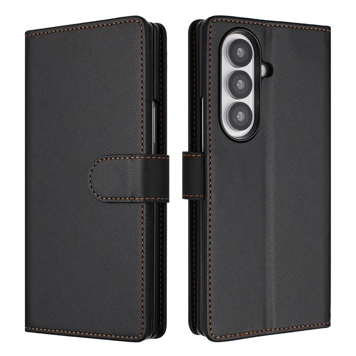 For Samsung Galaxy Z Fold7 5G Leather Case Wallet Stand Phone Cover with Wrist Strap - Black - 1