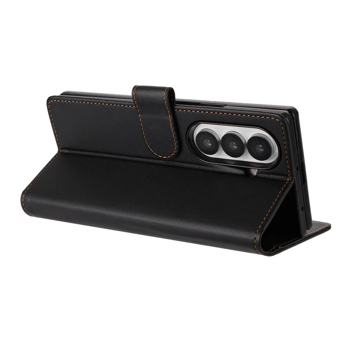 For Samsung Galaxy Z Fold7 5G Leather Case Wallet Stand Phone Cover with Wrist Strap - Black - 5