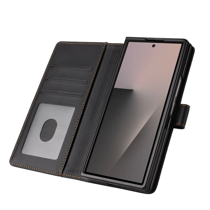 For Samsung Galaxy Z Fold7 5G Leather Case Wallet Stand Phone Cover with Wrist Strap - Black - 6