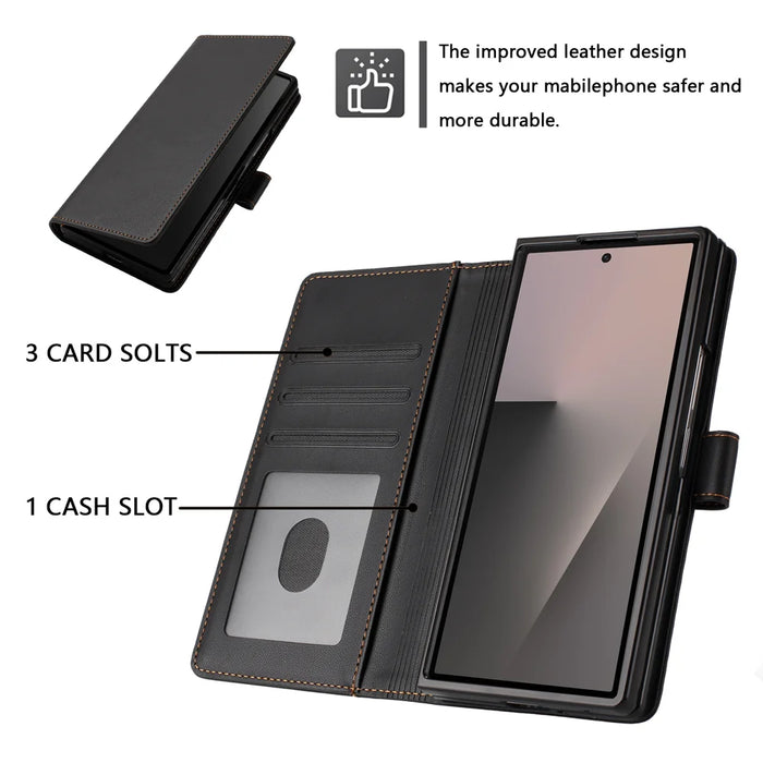 For Samsung Galaxy Z Fold7 5G Leather Case Wallet Stand Phone Cover with Wrist Strap - Black - 7