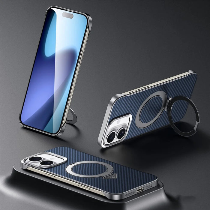 SULADA For iPhone 17 Case Compatible with MagSafe Kickstand PU + PC Phone Cover Carbon Fiber Texture - Blue - 2