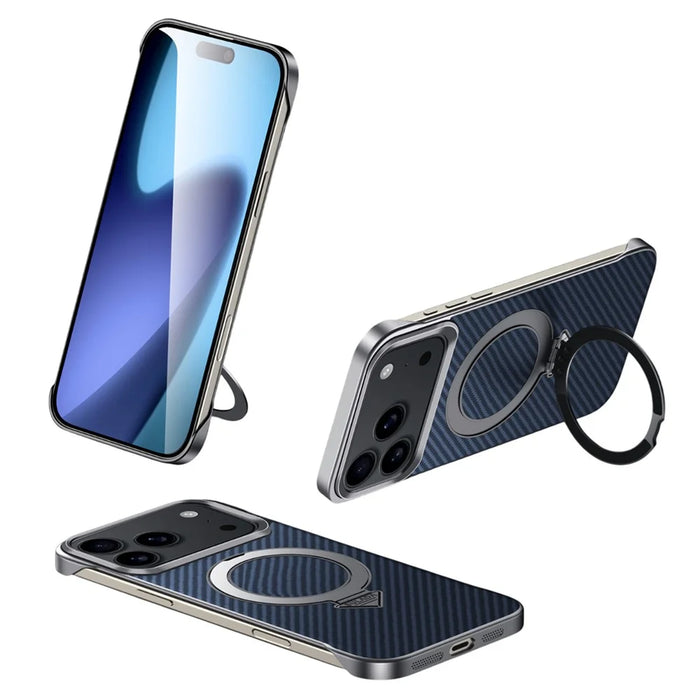 SULADA For iPhone 17 Pro Case Compatible with MagSafe Kickstand PU + PC Phone Cover Carbon Fiber Texture - Blue - 1