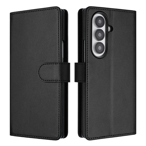 For Samsung Galaxy Z Fold7 5G Wallet Case RFID Blocking Calf Texture Leather Stand Phone Cover with Strap - Black - 1