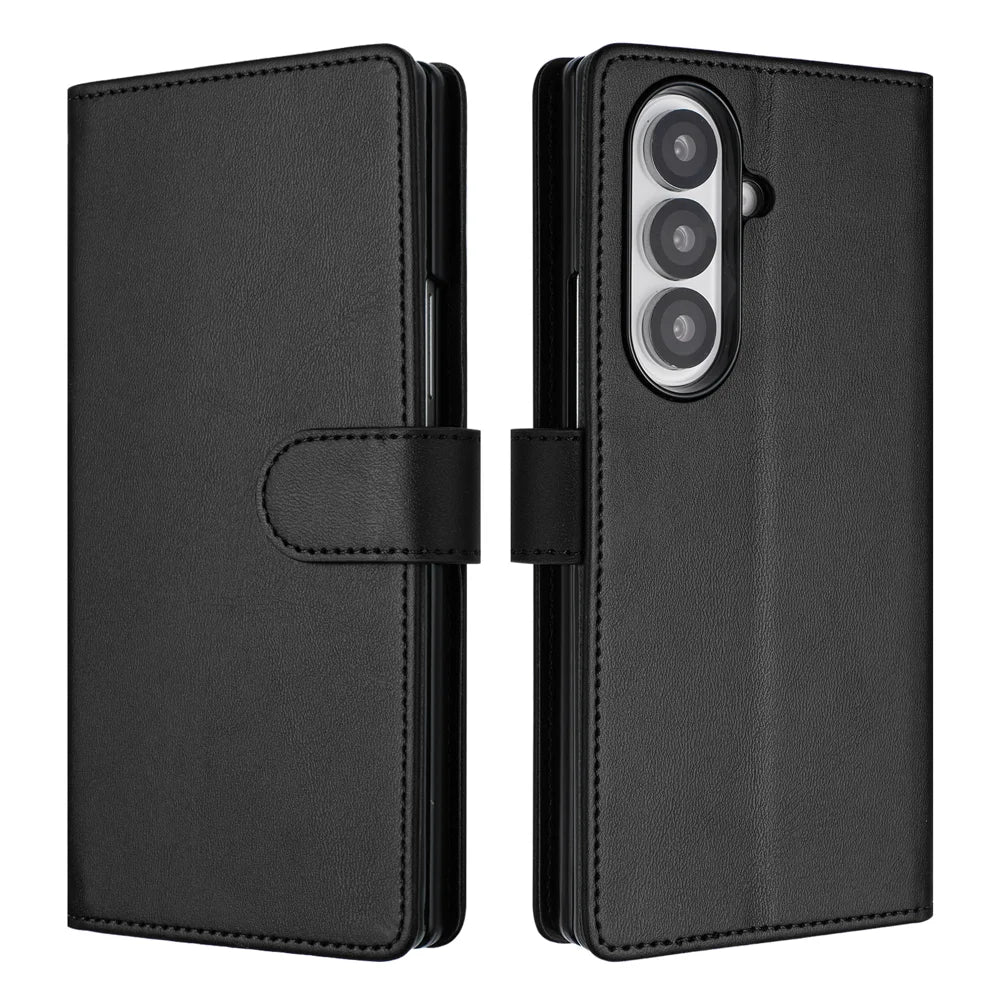 For Samsung Galaxy Z Fold7 5G Wallet Case RFID Blocking Calf Texture Leather Stand Phone Cover with Strap - Black - 1