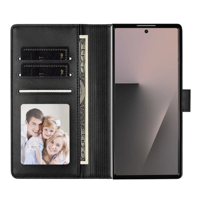 For Samsung Galaxy Z Fold7 5G Wallet Case RFID Blocking Calf Texture Leather Stand Phone Cover with Strap - Black - 7