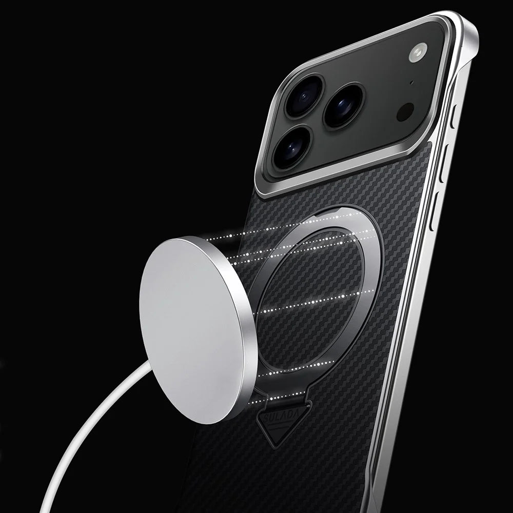SULADA For iPhone 17 Pro MaxCase Compatible with MagSafe Kickstand PU + PC Phone Cover Carbon Fiber Texture - Black - 6