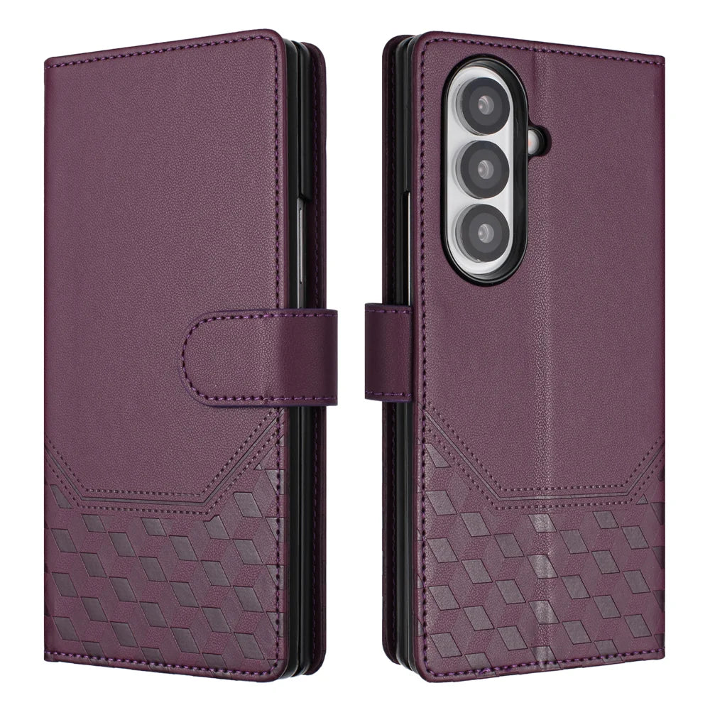 For Samsung Galaxy Z Fold7 5G Case Imprinted Honeycomb RFID Blocking Leather Phone Cover with Strap - Dark Purple - 1