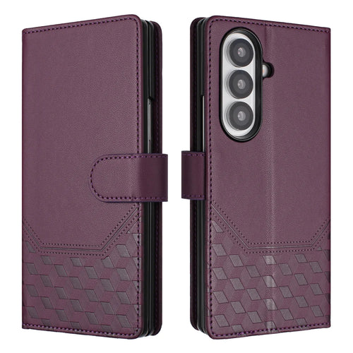 For Samsung Galaxy Z Fold7 5G Case Imprinted Honeycomb RFID Blocking Leather Phone Cover with Strap - Dark Purple - 1