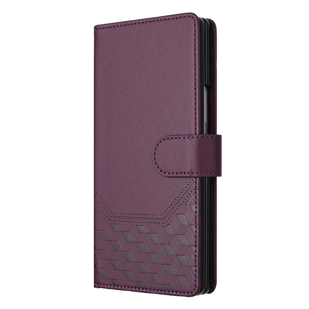 For Samsung Galaxy Z Fold7 5G Case Imprinted Honeycomb RFID Blocking Leather Phone Cover with Strap - Dark Purple - 2