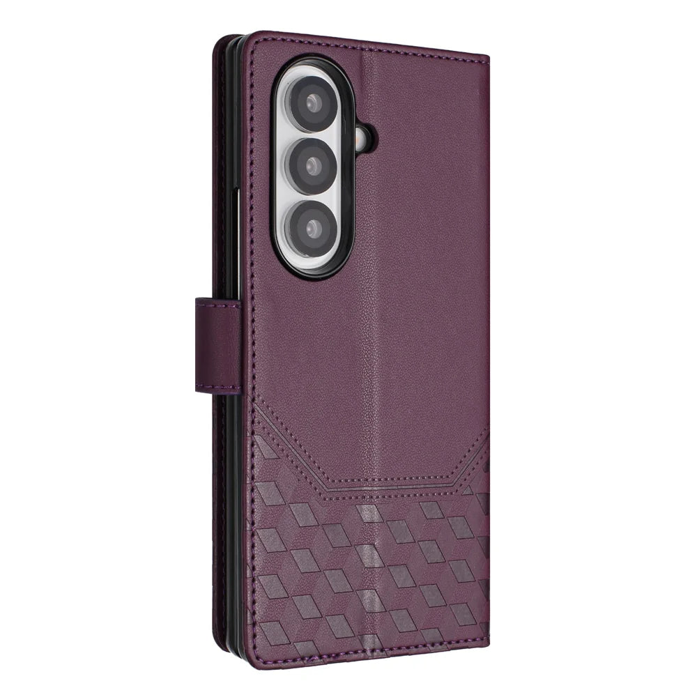 For Samsung Galaxy Z Fold7 5G Case Imprinted Honeycomb RFID Blocking Leather Phone Cover with Strap - Dark Purple - 3