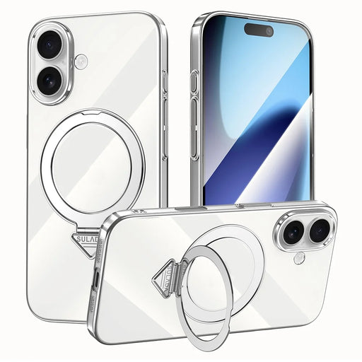 SULADA For iPhone 17 Case Compatible with MagSafe Electroplated Foldable Kickstand Clear PC Phone Cover - Titanium - 1