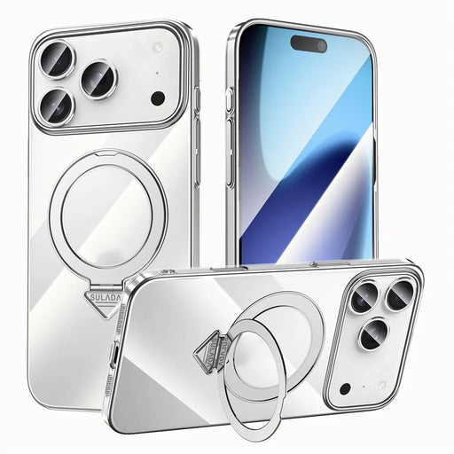 SULADA For iPhone 17 Pro Case Compatible with MagSafe Electroplated Foldable Kickstand Clear PC Phone Cover - Titanium - 1
