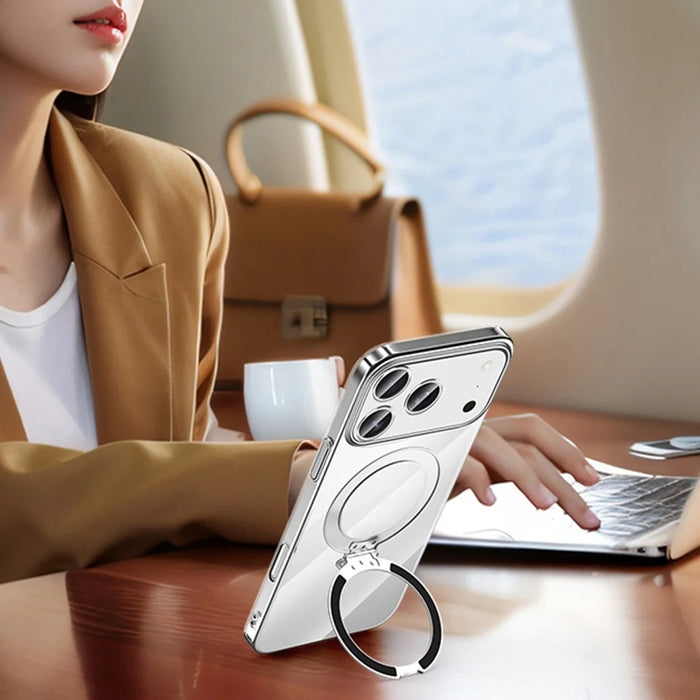SULADA For iPhone 17 Pro Case Compatible with MagSafe Electroplated Foldable Kickstand Clear PC Phone Cover - Titanium - 3