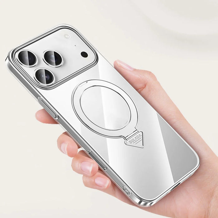 SULADA For iPhone 17 Pro Case Compatible with MagSafe Electroplated Foldable Kickstand Clear PC Phone Cover - Titanium - 6