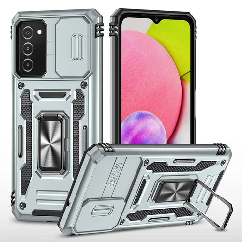 For Samsung Galaxy A03s (164.2mm) Hybrid Hard PC Soft TPU Case Kickstand Back Shell with Camera Cover - Grey - 1