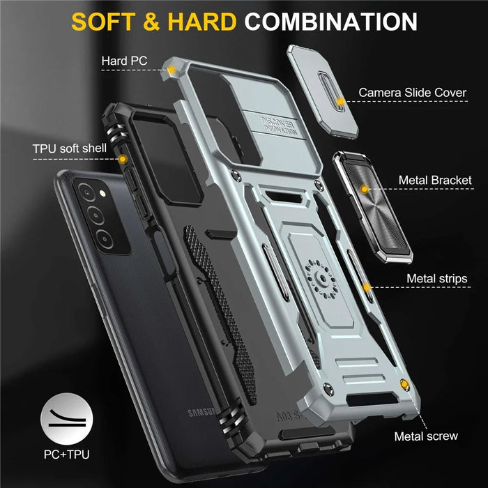 For Samsung Galaxy A03s (164.2mm) Hybrid Hard PC Soft TPU Case Kickstand Back Shell with Camera Cover - Grey - 7