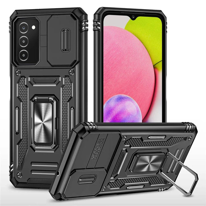 For Samsung Galaxy A03s (165.8mm) (US) Hybrid Hard PC Soft TPU Case Ring Car Mount Kickstand Back Shell with Camera Cover - Black - 1