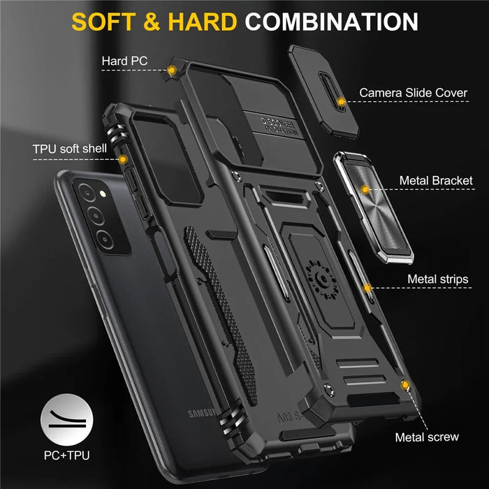 For Samsung Galaxy A03s (165.8mm) (US) Hybrid Hard PC Soft TPU Case Ring Car Mount Kickstand Back Shell with Camera Cover - Black - 7