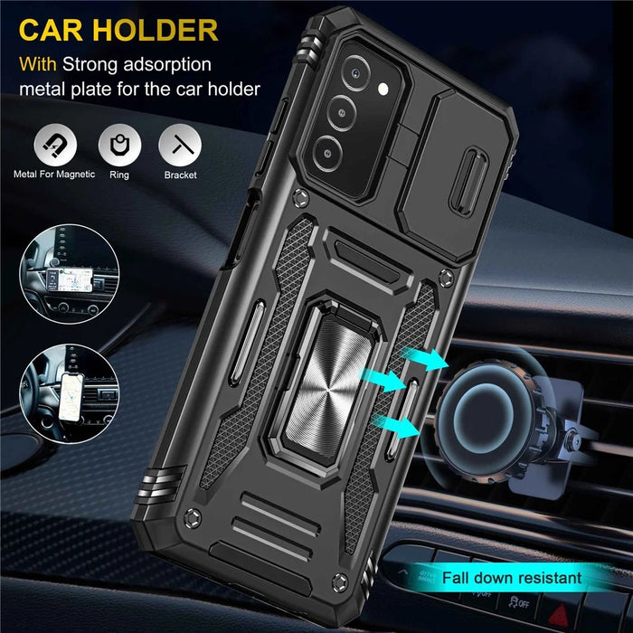 For Samsung Galaxy A03s (166.5mm) Hybrid Hard PC Soft TPU Shockproof Case Ring Car Mount Kickstand Back Shell with Camera Cover - Black - 6
