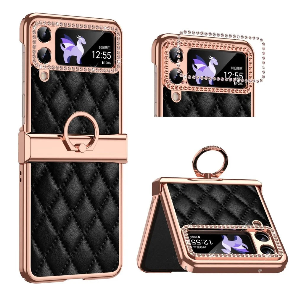 For Samsung Galaxy Z Flip4 5G Ring Kickstand PU Leather Coated PC Phone Case Rhinestone Decor Electroplate Imprinted Rhombus Grid Pattern Shockproof Cover - Black - 1
